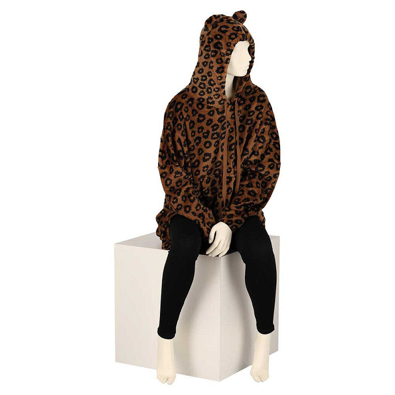 Oversized fleece hoodie leopard bruin