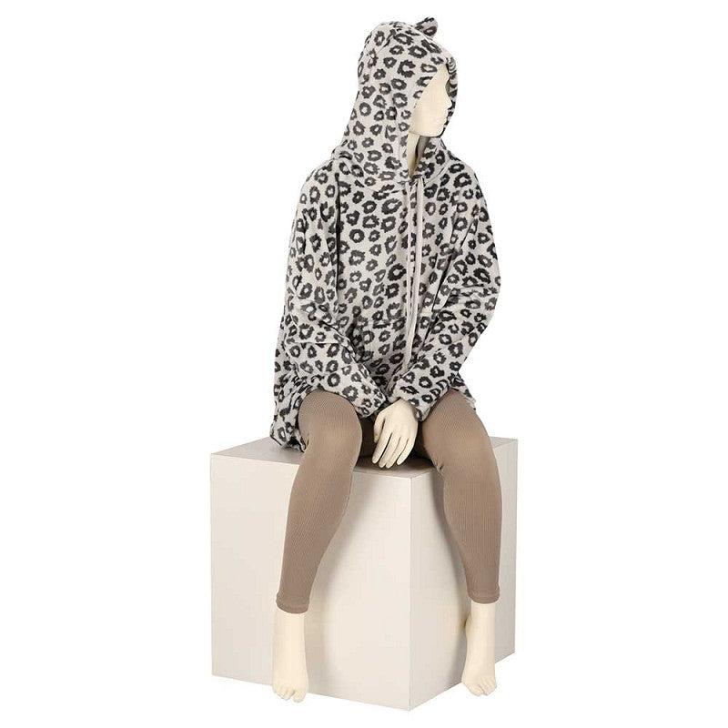 Oversized fleece hoodie leopard grijs