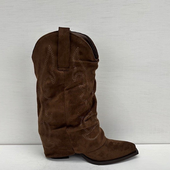 Suedine cowboylaarzen met flap bruin