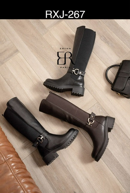 Leatherlook laarzen met elastiek en bandje bruin