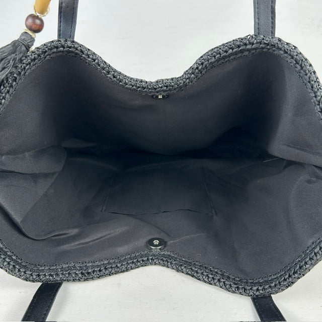 Rieten shopper met franjes zwart