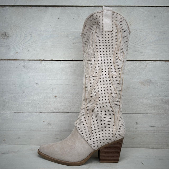 Hoge suèdine cowboylaars met gaatjes design beige