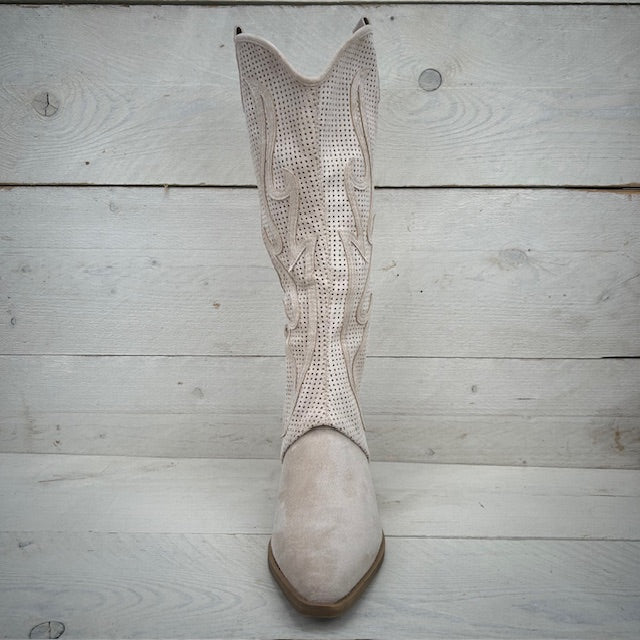 Hoge suèdine cowboylaars met gaatjes design beige