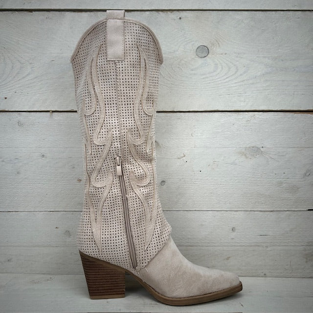 Hoge suèdine cowboylaars met gaatjes design beige