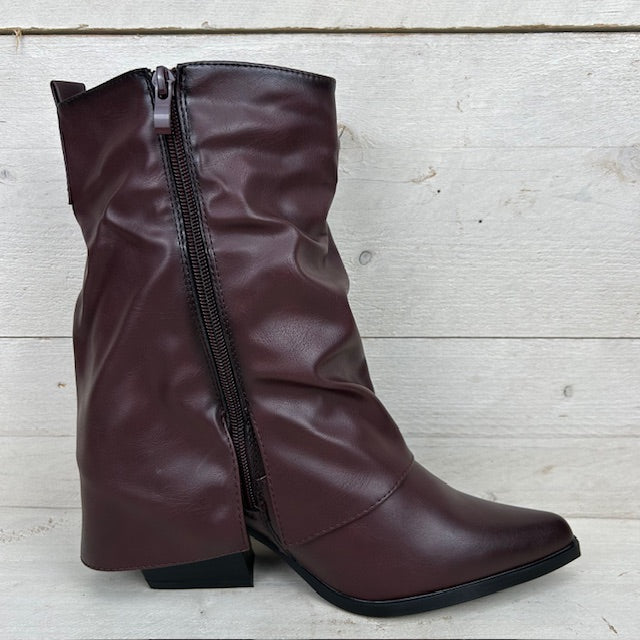 Lage leatherlook cowboylaars met flap rood-bruin