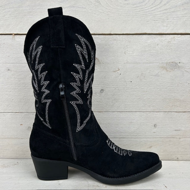 Suèdine cowboylaarzen met wit stiksel zwart