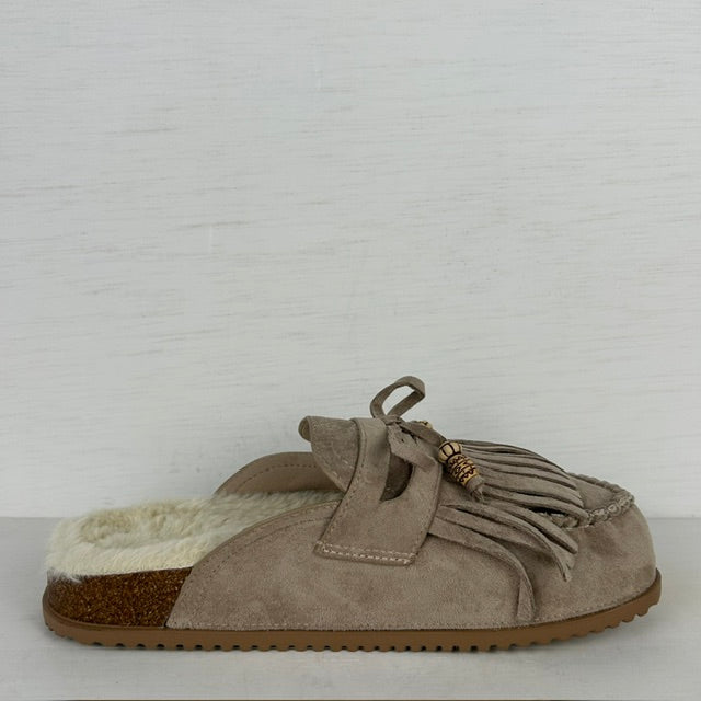 Furry instap slippers met franjes khaki