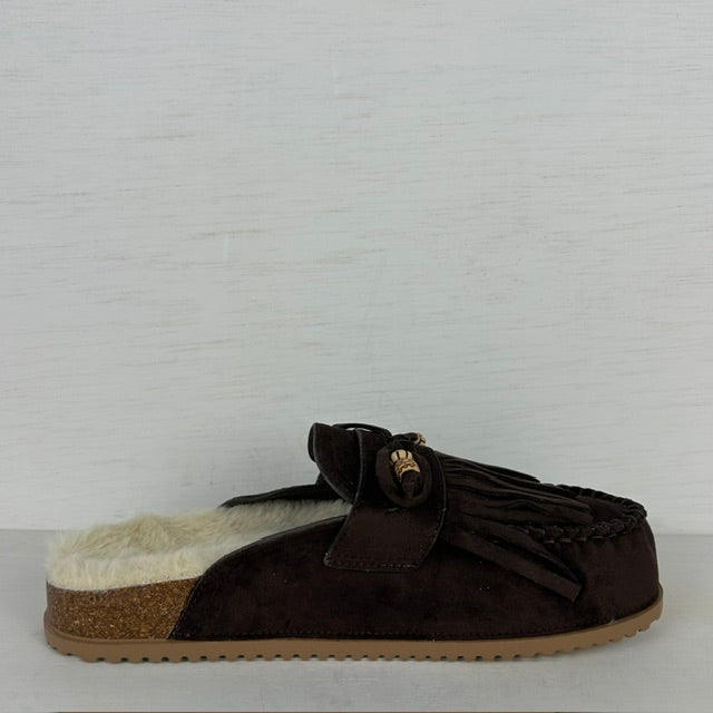 Furry instap slippers met franjes bruin