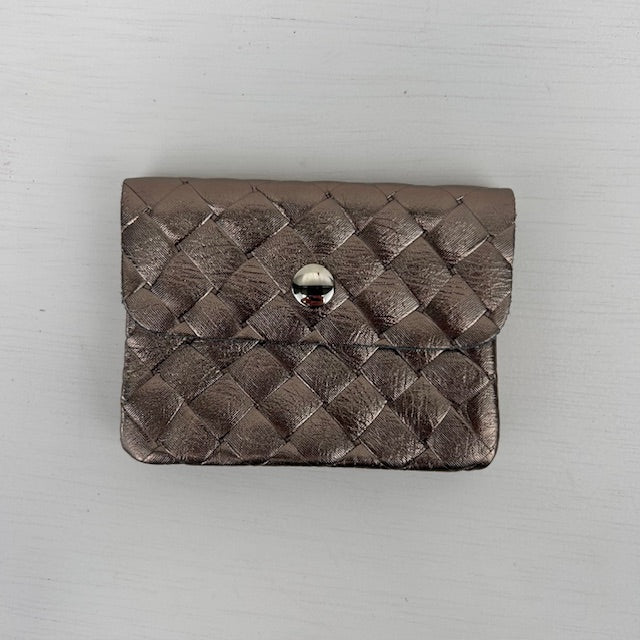 Real leather gevlochten portemonneetje brons
