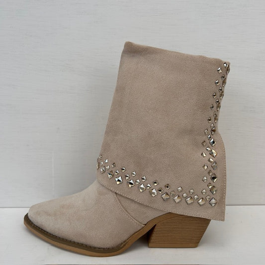 Suèdine cowboylaars met shiny flap beige