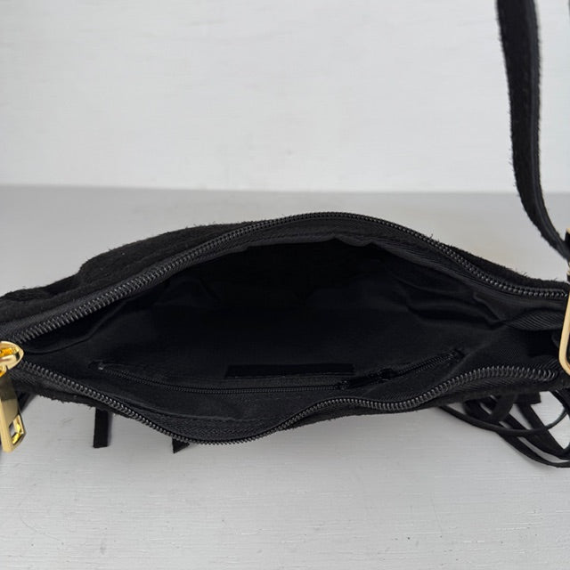 Real leather schoudertasje met franjes zwart