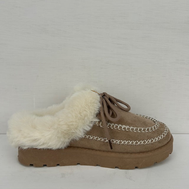 Furry instappantoffels khaki