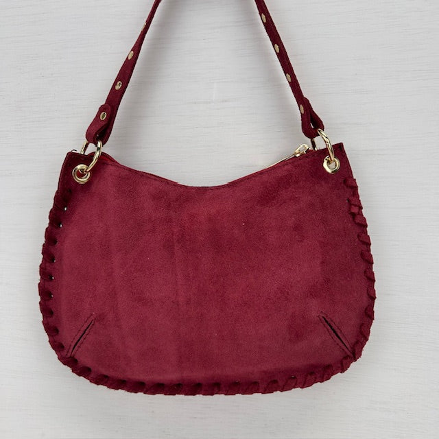 Real leather schoudertasje met studs bordeaux rood