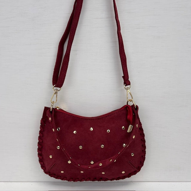 Real leather schoudertasje met studs bordeaux rood