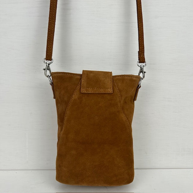 Real leather telefoontasje met flapje camel