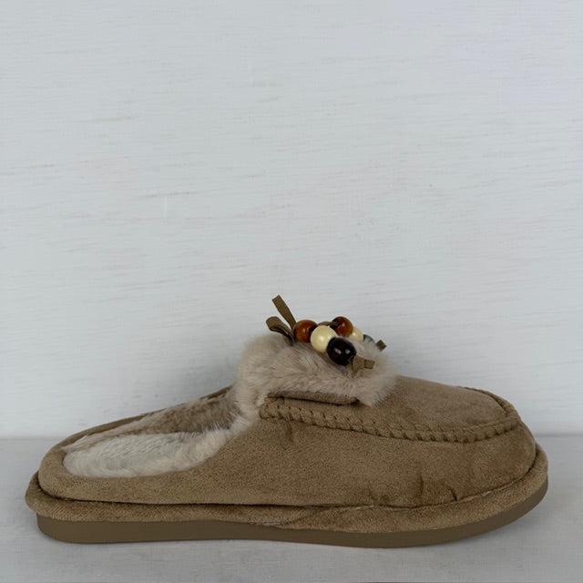 Furry pantoffels met franjes khaki
