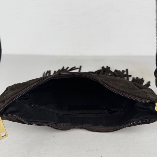 Real leather schoudertasje met franjes donkerbruin