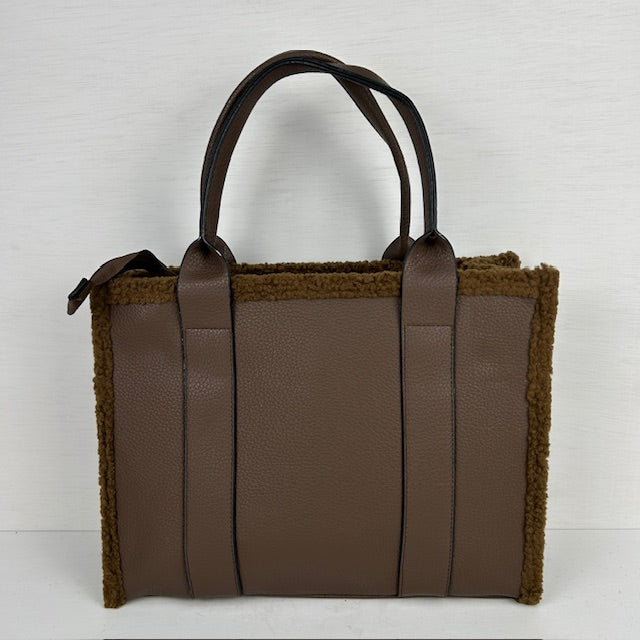 Tote bag met teddy randje groot khaki