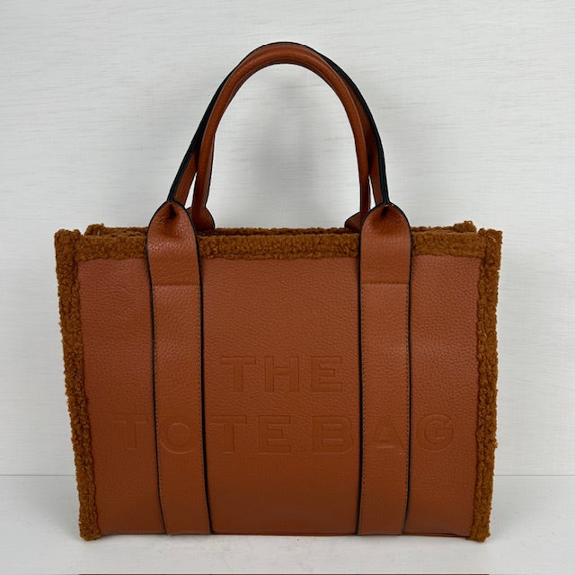Tote bag met teddy randje groot bruin