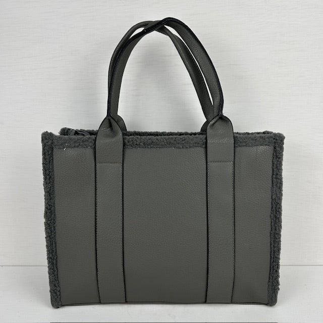 Tote bag met teddy randje groot grijs