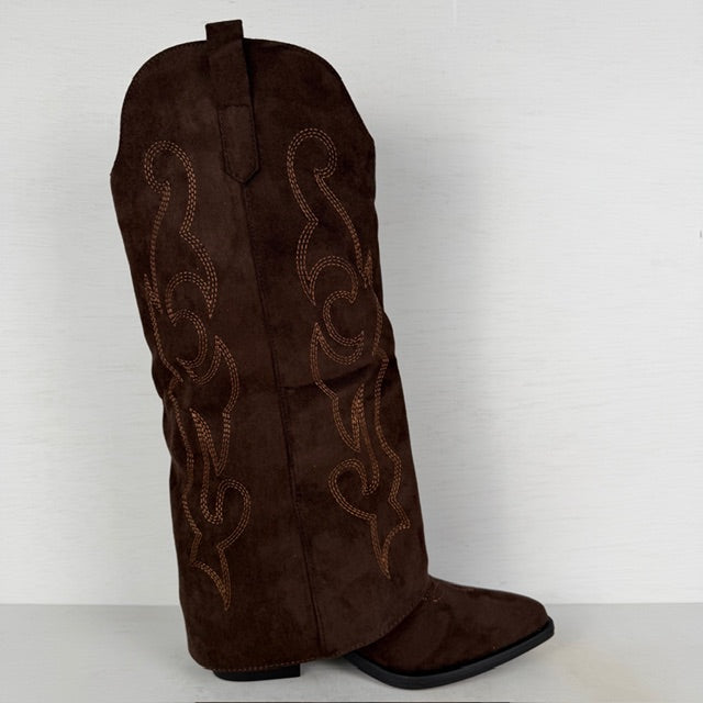Suèdine cowboylaarzen met flap en sierrits bruin