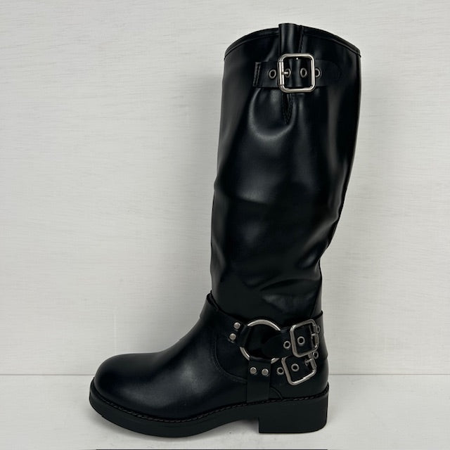 Hoge leatherlook laars met siergespjes zwart