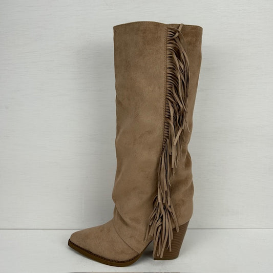 Suèdine cowboylaarzen met franjes en hoge hak khaki