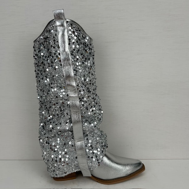 Cowboylaarzen met glitter flap zilver