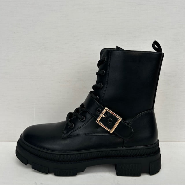 Leatherlook veterboots met gouden gespje zwart