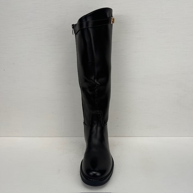 Hoge leatherlook laarzen met leuk bandje donkerbruin