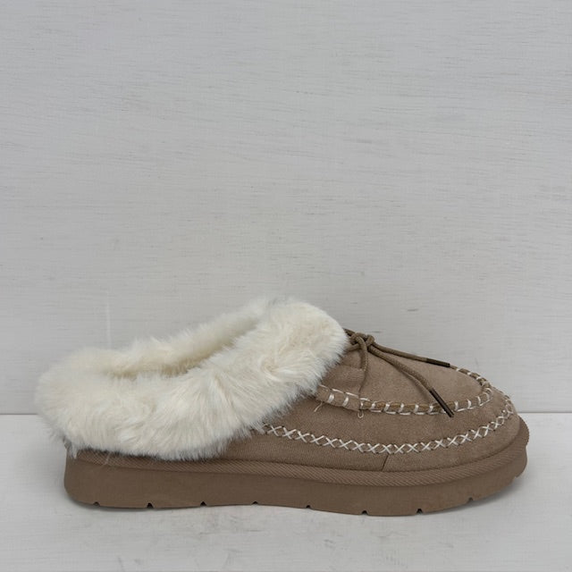 Instappantoffels met furry randje khaki