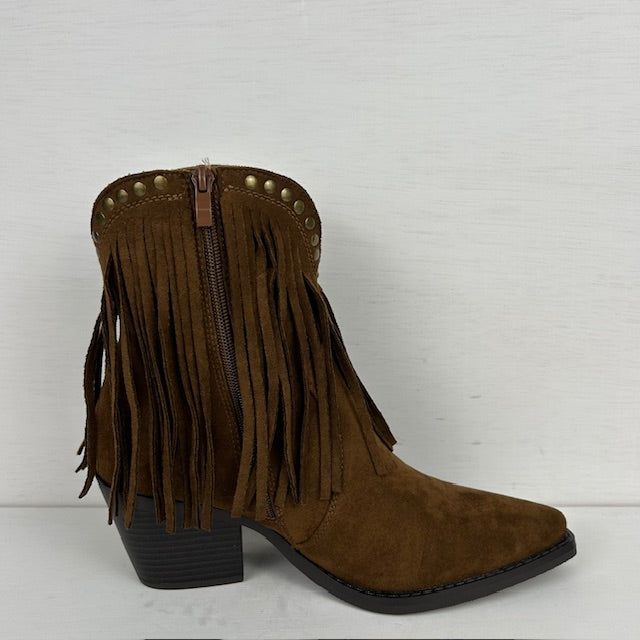 Laag cowboylaarsje met franjes en studs bruin