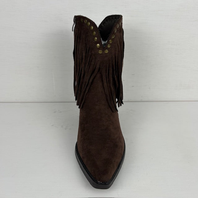 Laag cowboylaarsje met franjes en studs donkerbruin