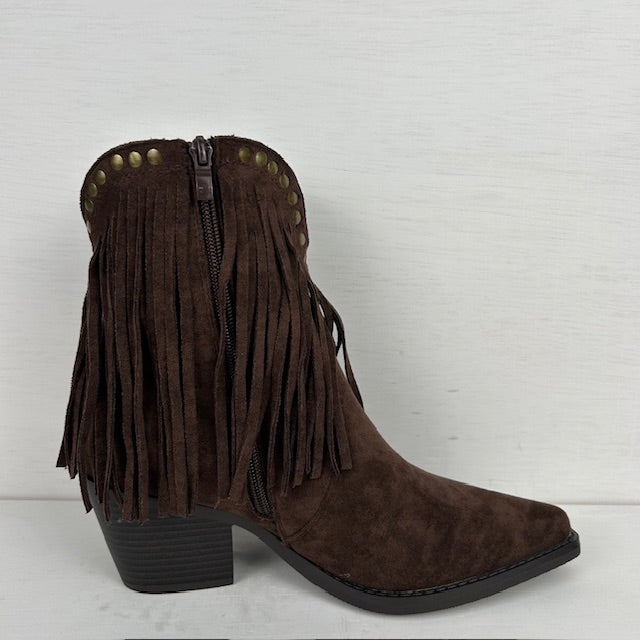 Laag cowboylaarsje met franjes en studs donkerbruin