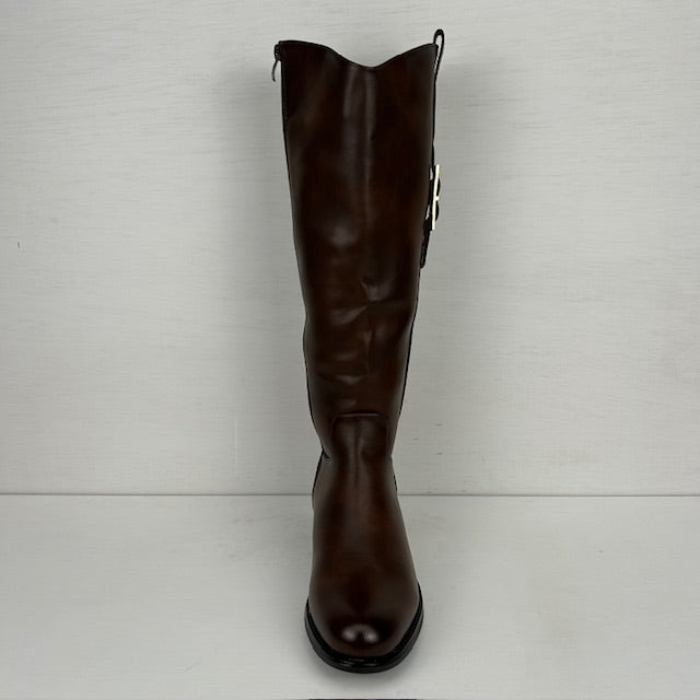 Leatherlook laarzen met gespje en lage hak bruin