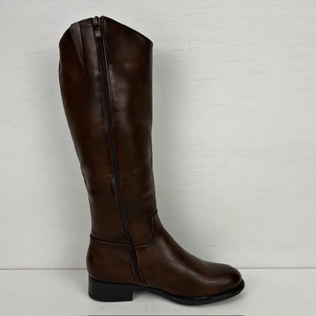 Leatherlook laarzen met gespje en lage hak bruin