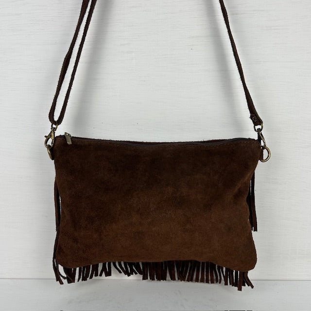 Real leather schoudertasje met leuke franjes bruin