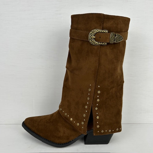 Suèdine cowboylaars met sierlijke flap bruin