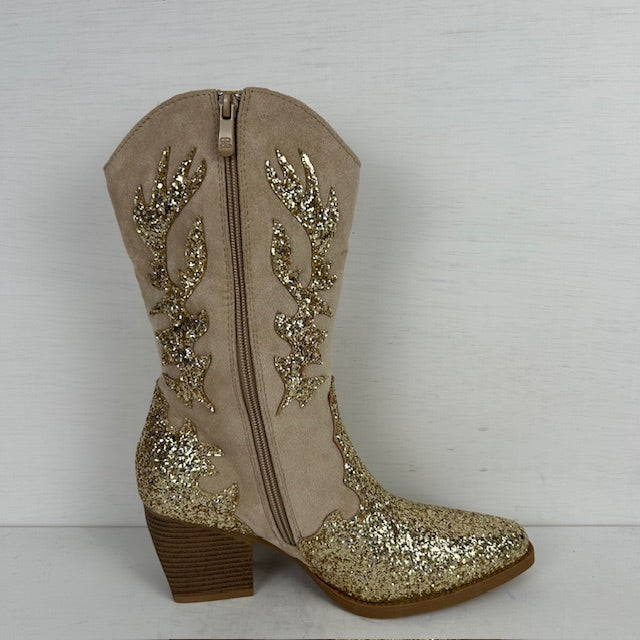 Suèdine cowboylaarzen met glitters goud