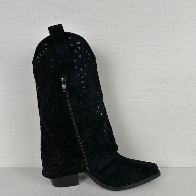 Suèdine cowboylaarzen met flap een gaatjes motief zwart