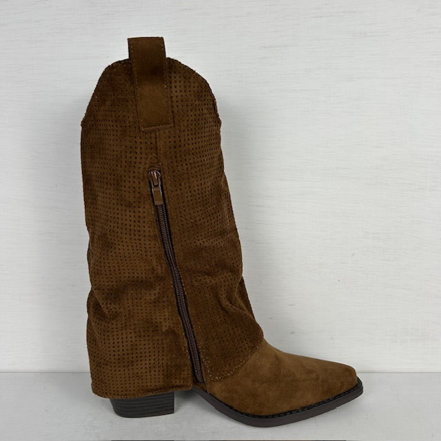 Suèdine cowboylaarzen met franjes en gaatjes motief lichtbruin