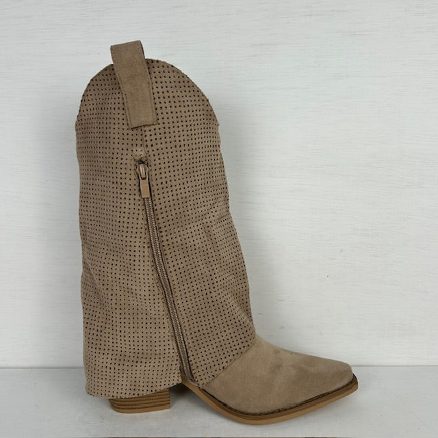 Suèdine cowboylaarzen met franjes en gaatjes motief khaki