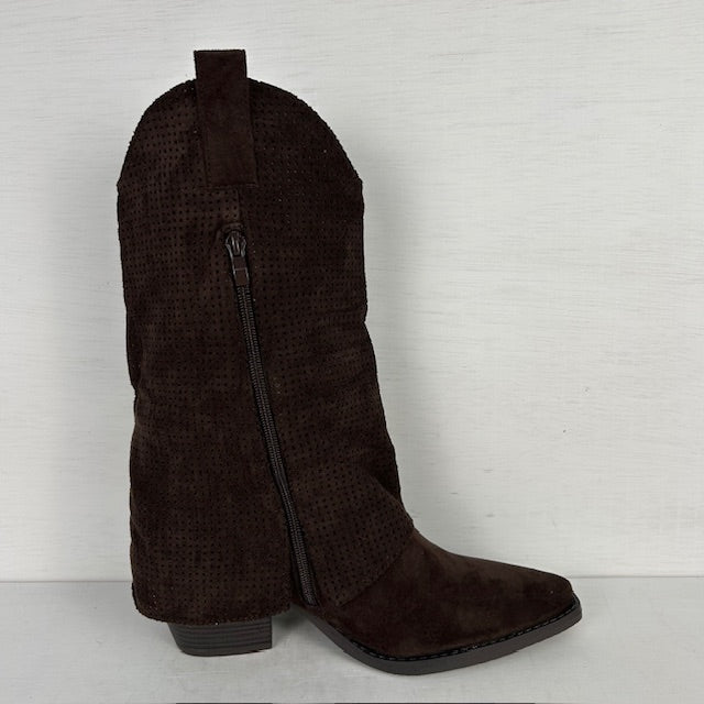 Suèdine cowboylaarzen met franjes en gaatjes motief bruin