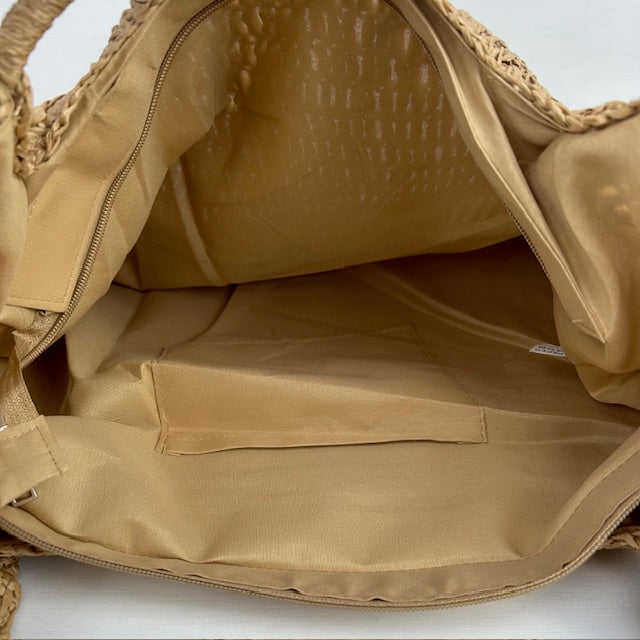 Gevlochten rieten shopper khaki