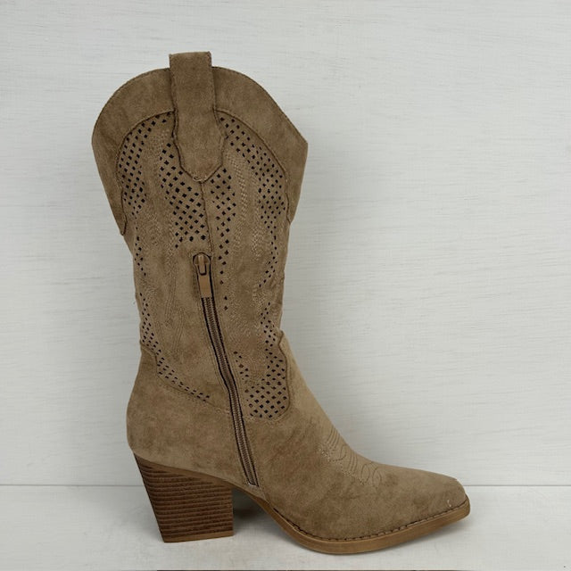Suèdine cowboylaars met gaatjes motief khaki
