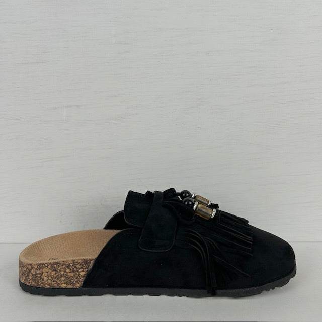 Instap slippers met franjes zwart