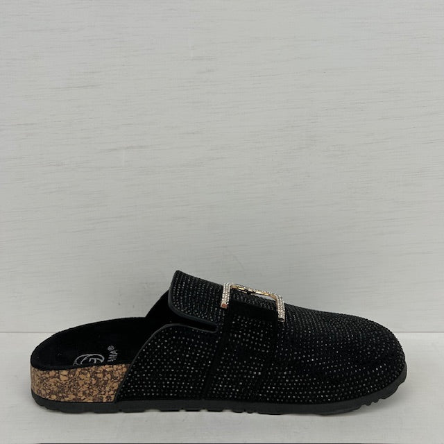Instap slippers met glitters zwart
