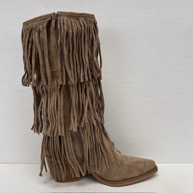 Trendy suèdine cowboylaarzen met franjes khaki