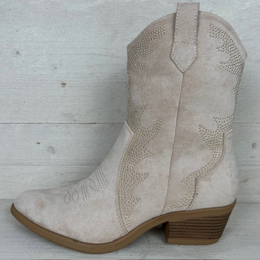 Suèdine cowboylaarsje met metallic afwerking beige