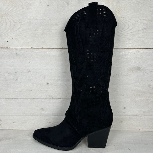 Hoge suèdine cowboylaars met gaatjes design zwart